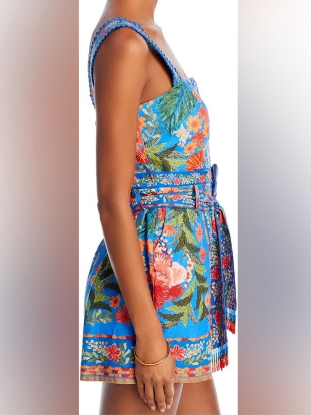 Farm Rio Blue Floral Button-Front Romper with Tie Waist - Picture 3 of 9